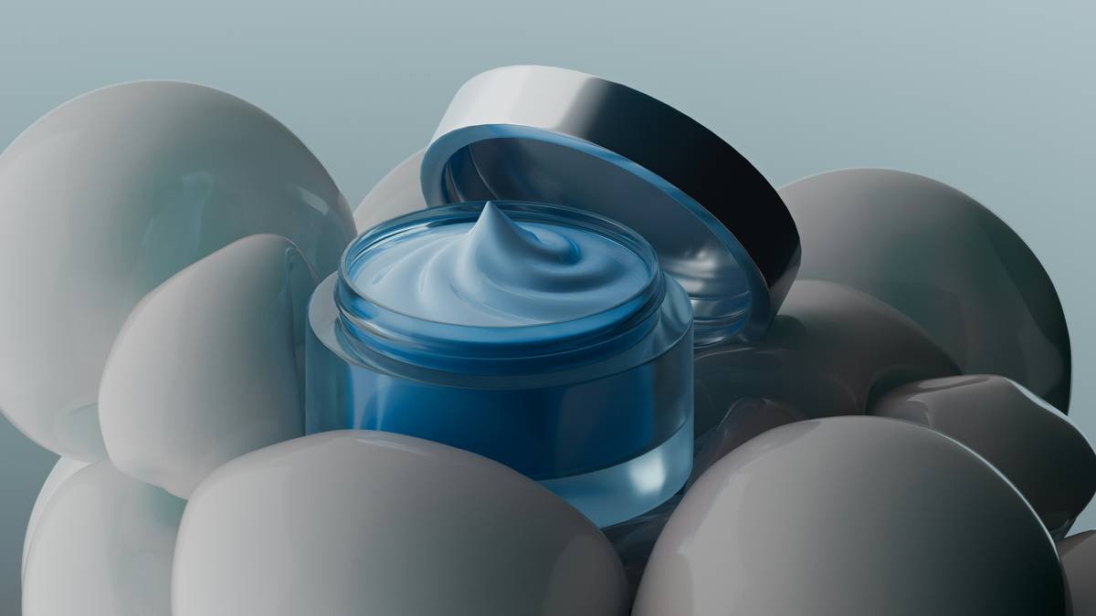 Close-up of retinol cream anti aging 30g tube applied to crow's feet wrinkles